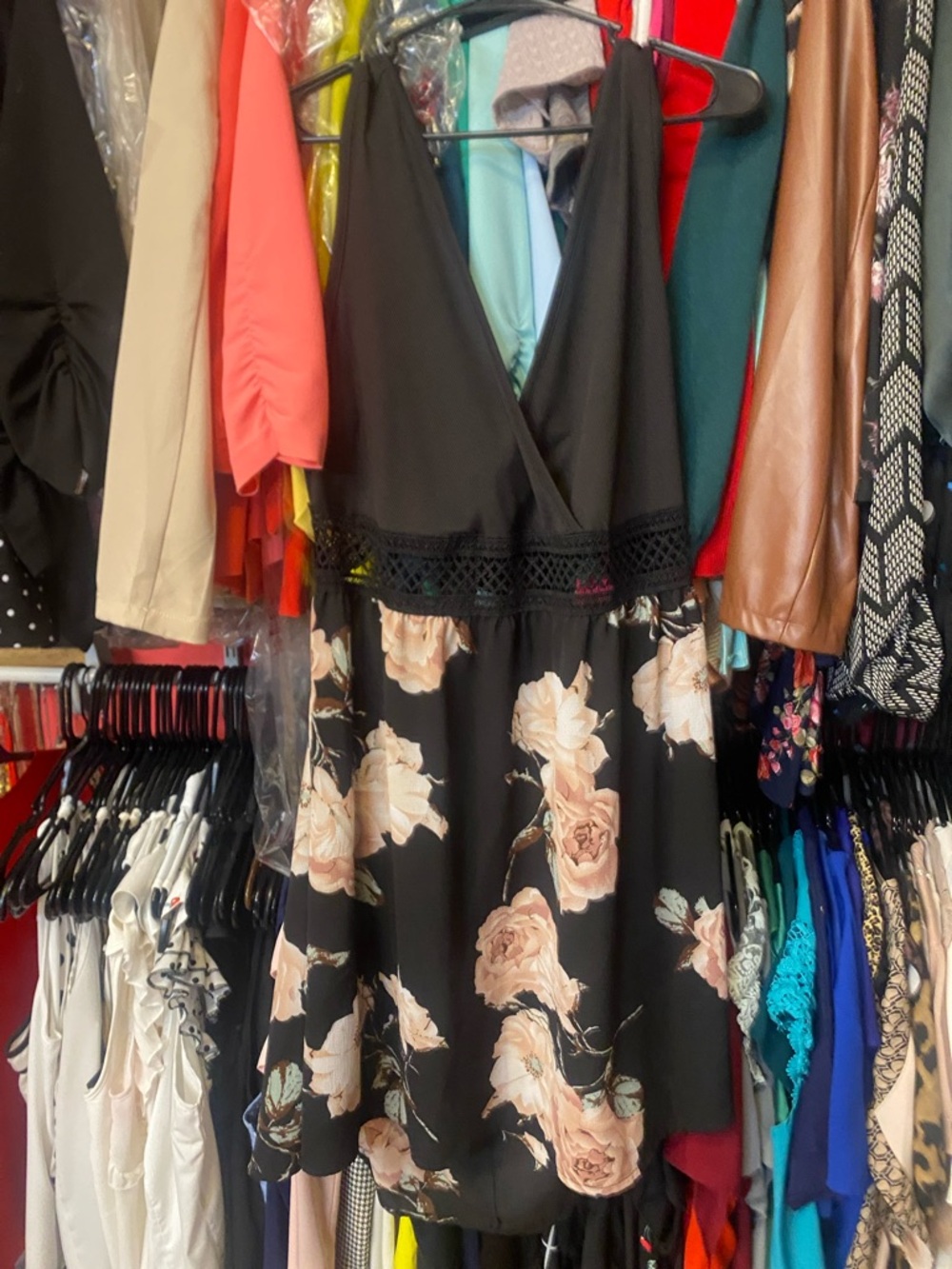 SHEIN Black Mini Dress with Blush Floral Print
